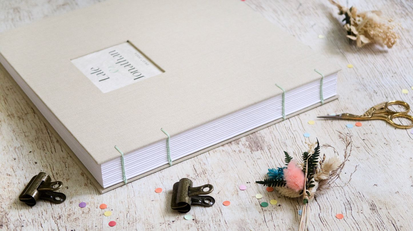 Livre d'or carré 25 × 25 cm personnalisable fait main, reliure copte, 60 pages