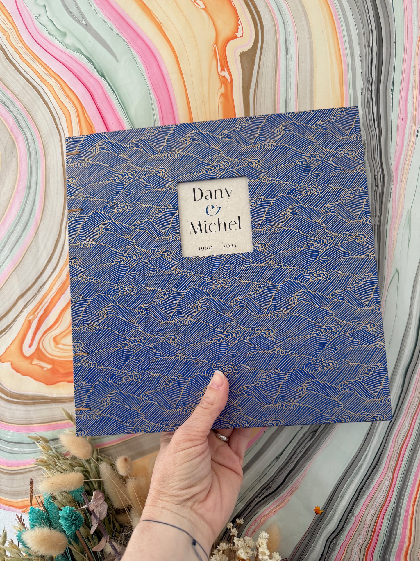 Livre d'or carré 25 × 25 cm personnalisable fait main, reliure copte, 60 pages