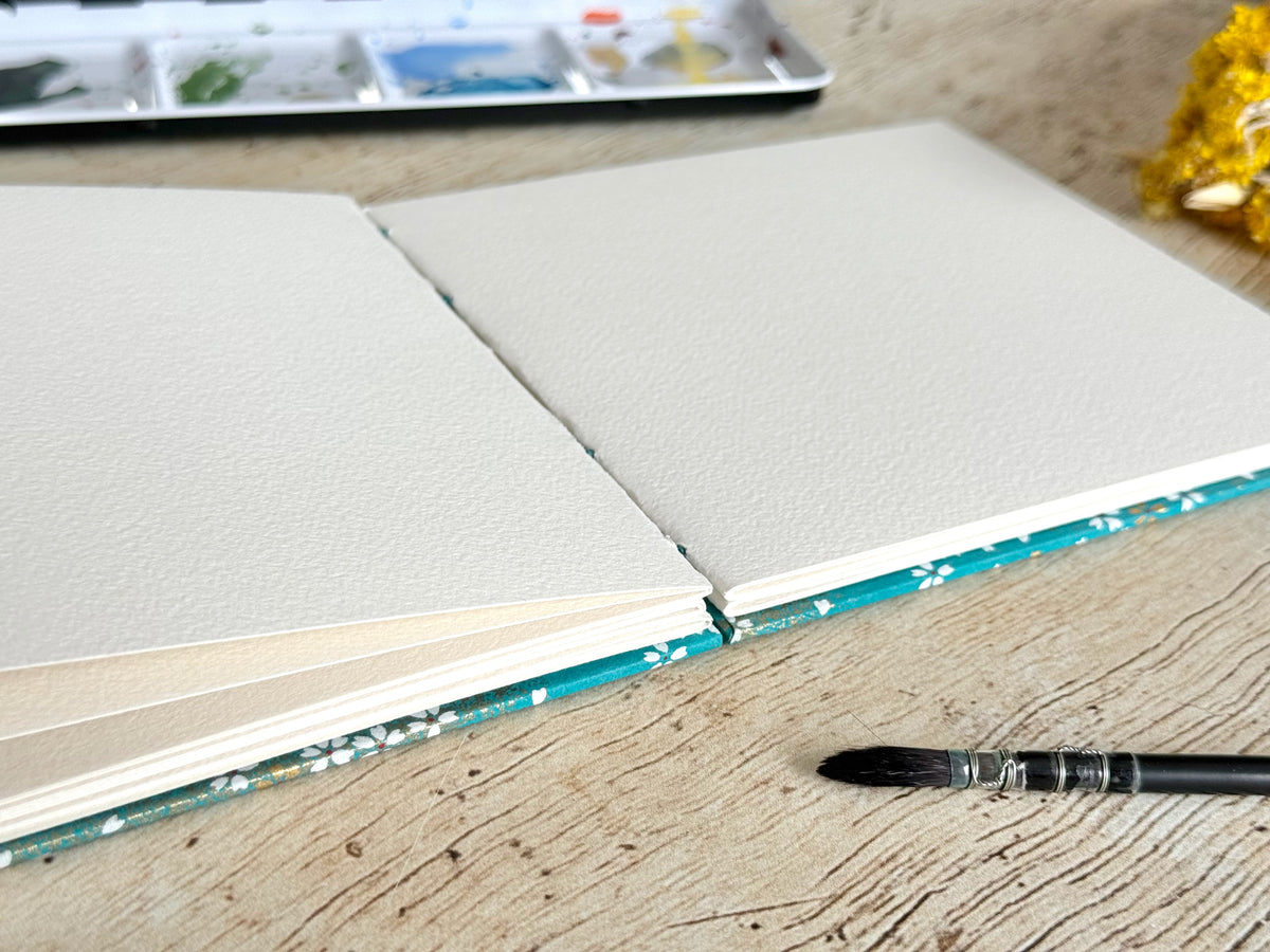 L'ouverture bien à plat du carnet d'aquarelle format carré Fleurs au vent bleu canard