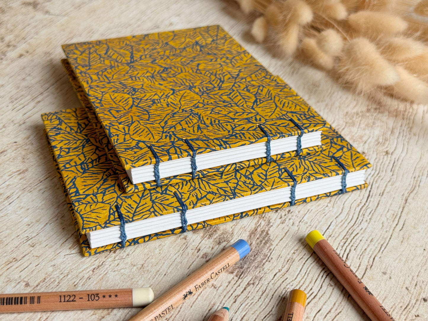 Carnet de croquis A6 paysage ou portrait – reliure copte – fait main -  Feuillage jaune