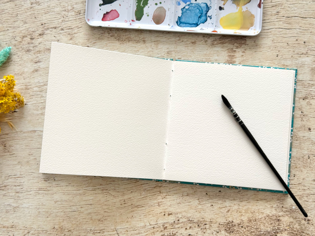 Carnet d’aquarelle carré 15 × 15 cm - Papier Arches - Fleurs au vent bleu canard