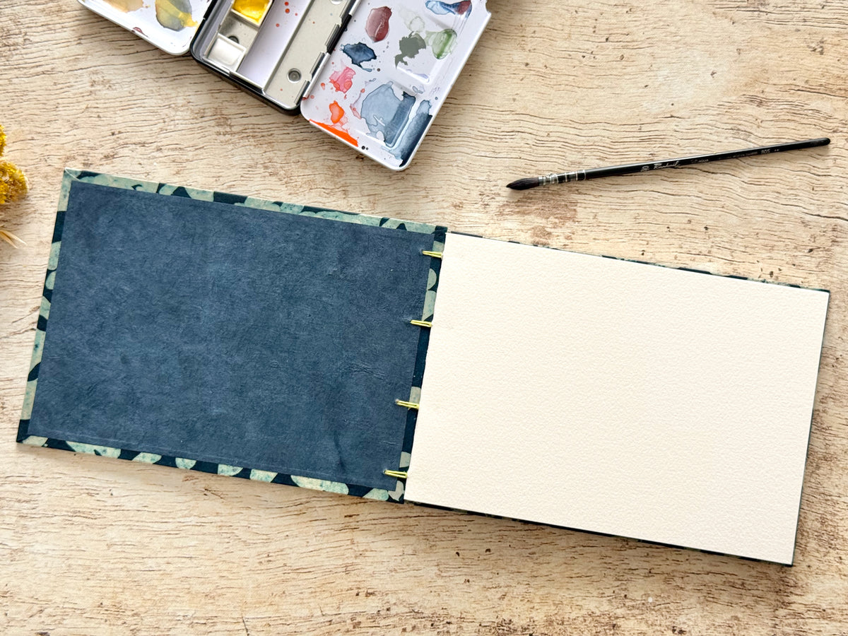 Carnet d'aquarelle Mikado bleu ovuert à la première page