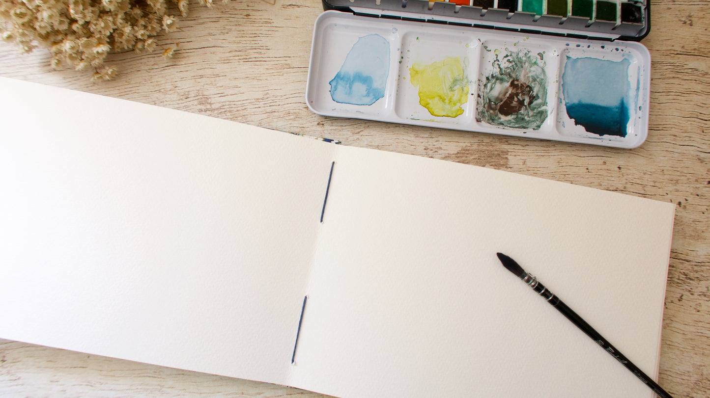 Carnet d'aquarelle A5 paysage - Reliure copte - Ondulations fleuries bleu marine