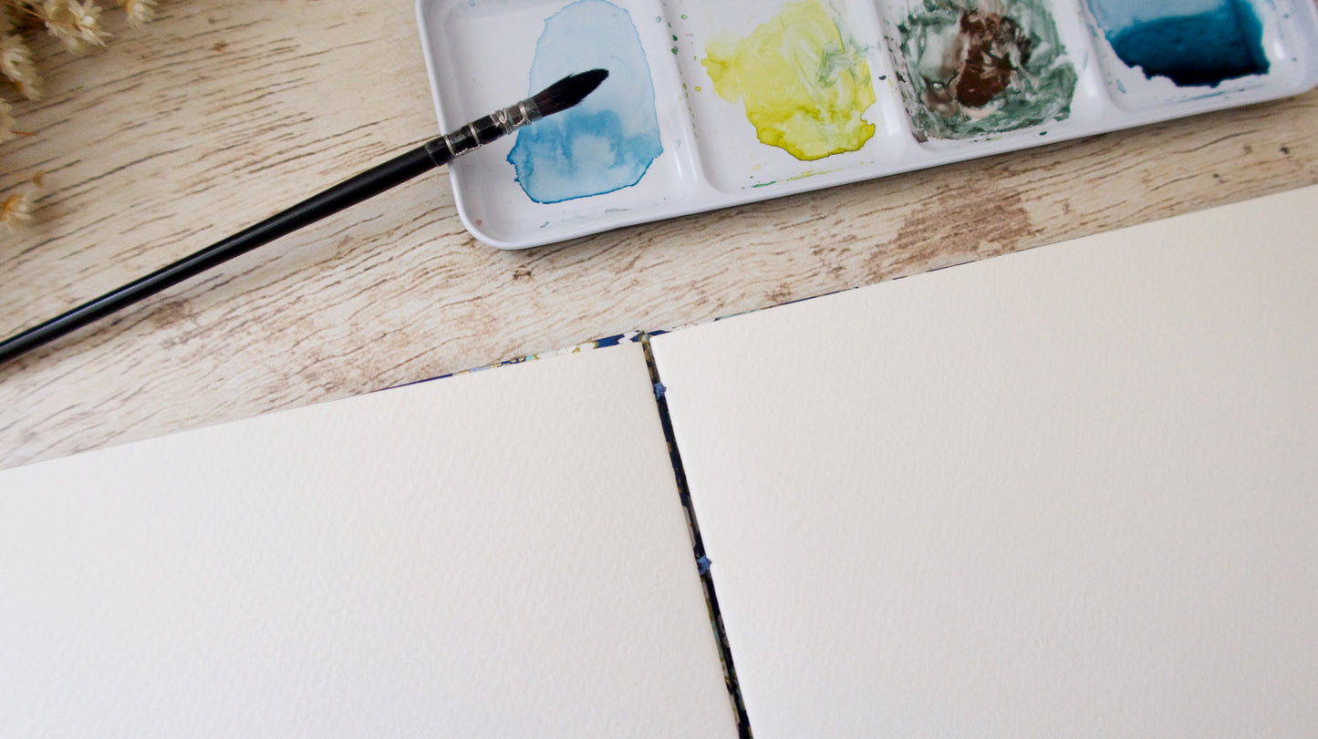 Carnet d'aquarelle A5 paysage - Reliure copte - Ondulations fleuries bleu marine